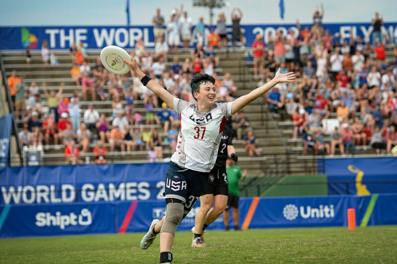 United States' Claire Trop celebrates a score in a victory over Canada that secured a spot in the semifinals at the 2022 World Games.