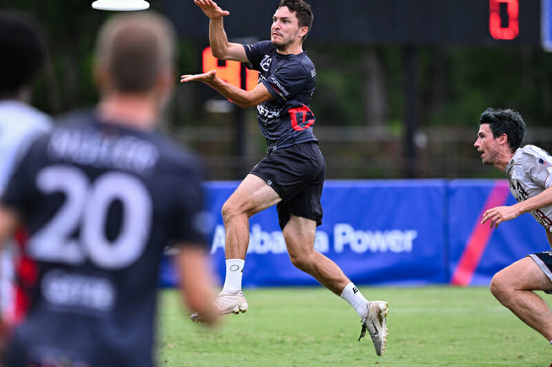 Germany's Steffen Doscher goes for a catch against the United Sates at the 2022 World Games. 