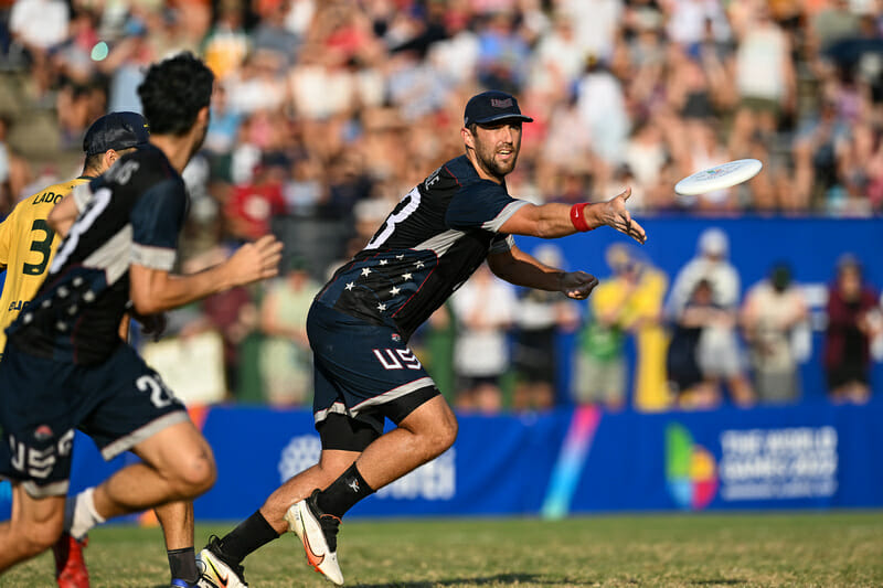 United States' Jimmy Mickle releases a backhand in the gold medal match in ultimate frisbee, or Flying Disc, against Australia at the 2022 World Games.