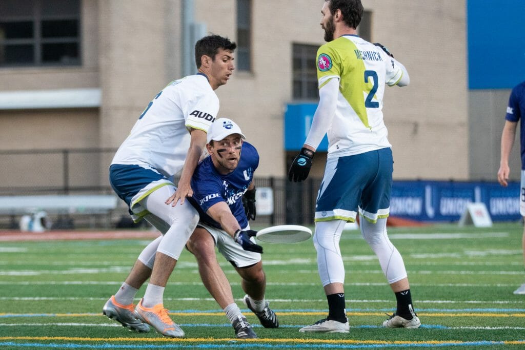 Chicago Union's Pawel Janas throws through a Madison Radicals' double team during the 2022 AUDL regular season.