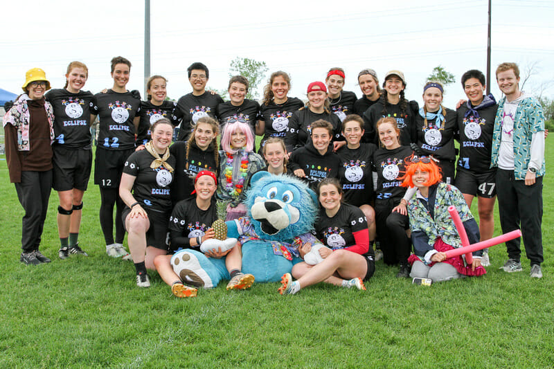 Carleton coaches Cameron Barton (right) and Emma Nicosia (left) with their team. Photo: William 'Brody' Brotman -- UltiPhotos.com