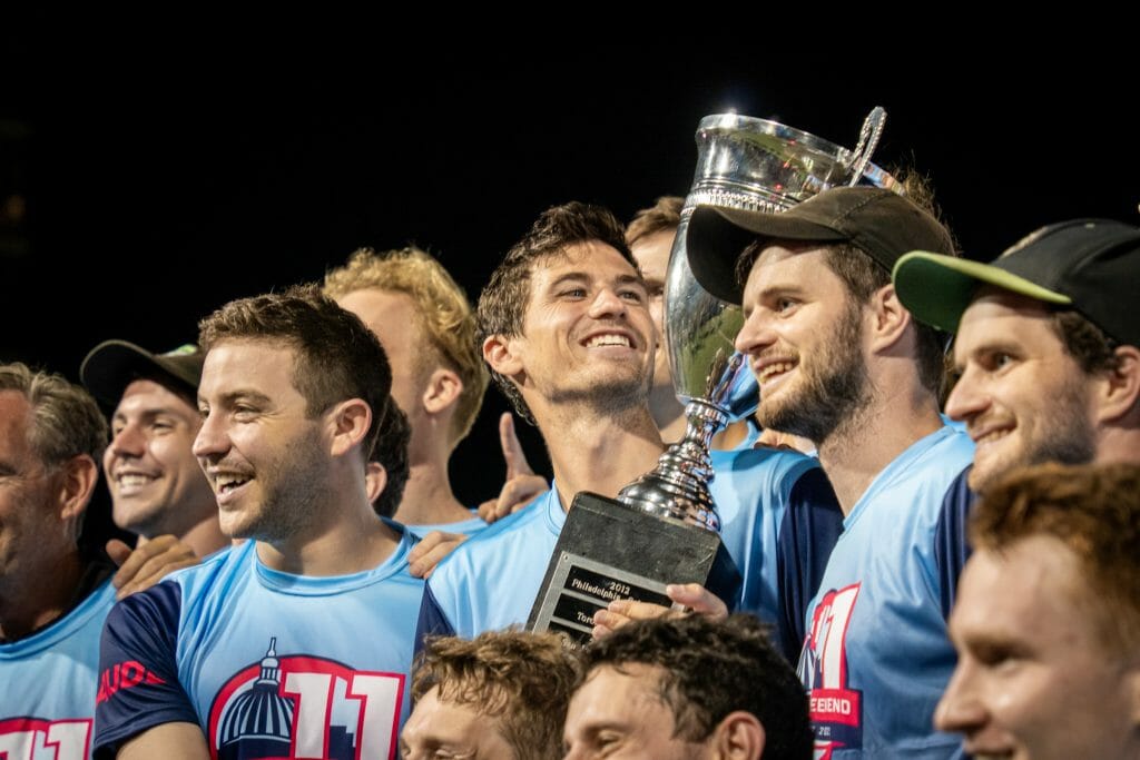 Jack Williams and the New York Empire celebrate their 2022 AUDL Championship. Photo: Daniel Cohen