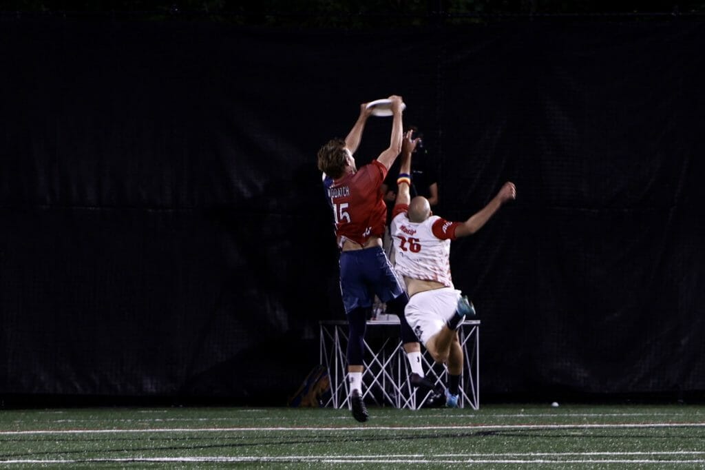 DC Breeze's Jeff Wodatch goes up for a catch during the 2022 AUDL playoff match against Philadelphia Phoenix.