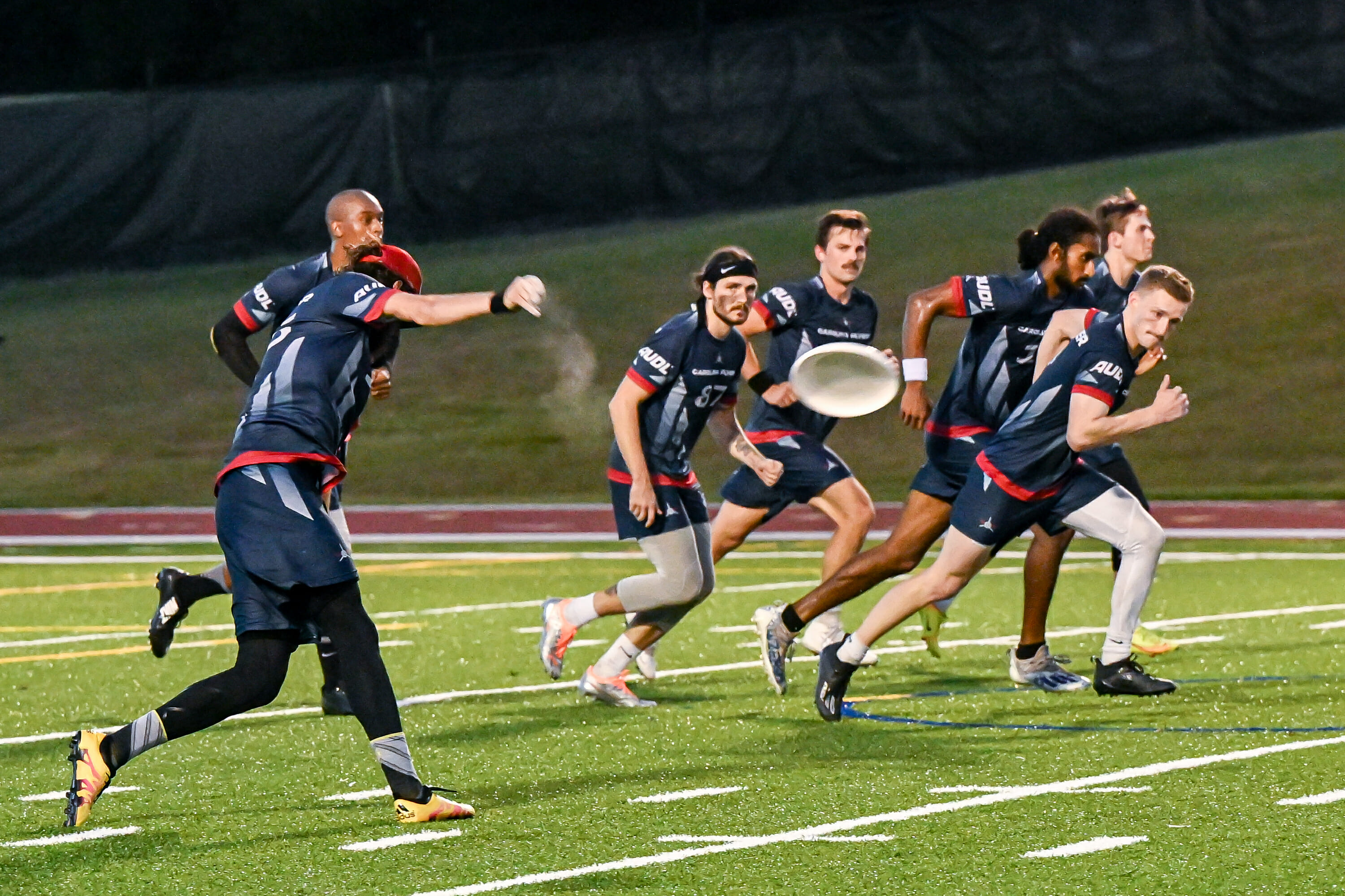Carolina Flyers' Eric Taylor pulls with the D-line during their 2022 South Divisional championship in the AUDL playoffs.