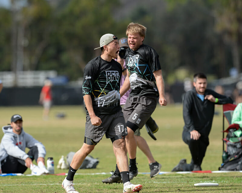 Seattle BFG's Tommy Li lets loose after scoring the game-winning goal in the semifinals of the 2021 USA Ultimate Club Championships.