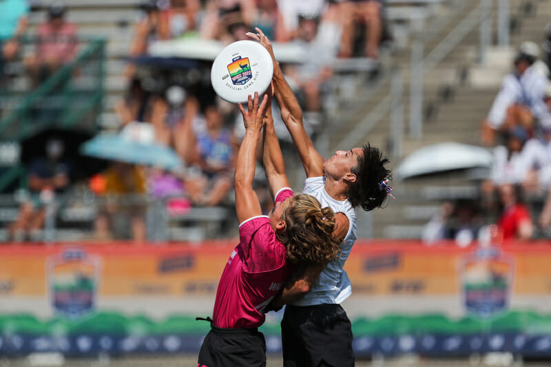 Revolution's Levke Walczak (left) and Fury's Kaela Jorgenson (right) in the 2022 WFDF World Ultimate Club frisbee Championship final.