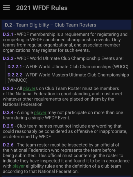 An image, posted by Ravi in the Ultiworld Discord, of the 2021 WFDF Rule D.2 referencing Team Eligibility - Club Team Rosters.