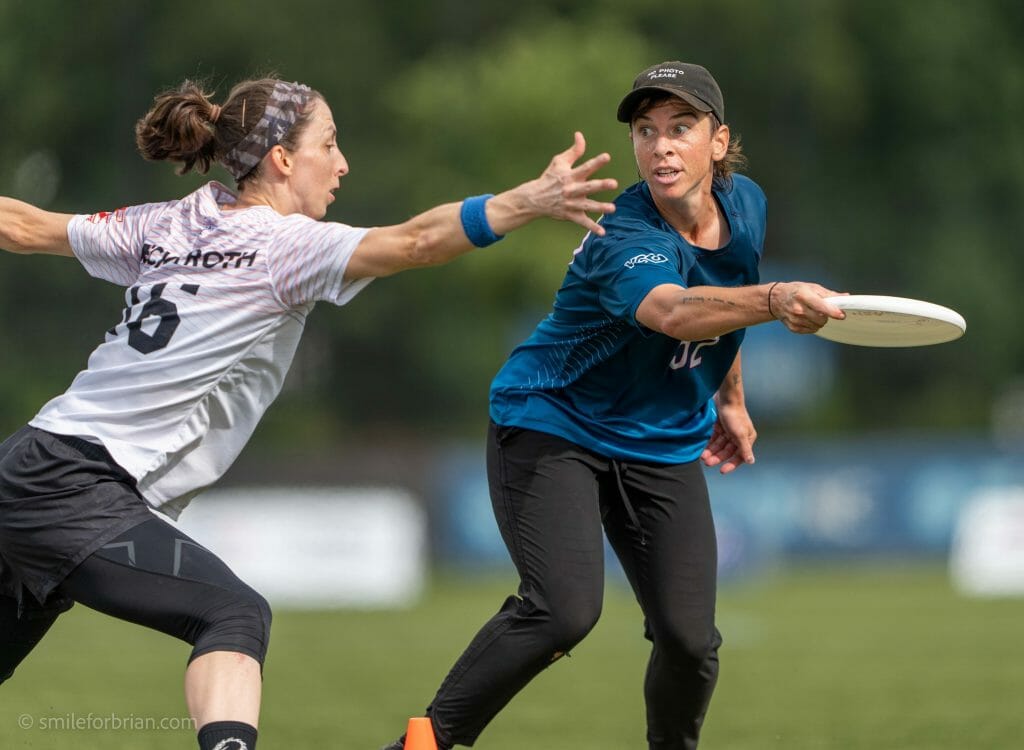Denver Molly Brown's Claire Chastain looks for a throw against Raleigh Phoenix's Sarah Meckstroth in the 2022 USA Ultimate frisbee Pro Championship final.
