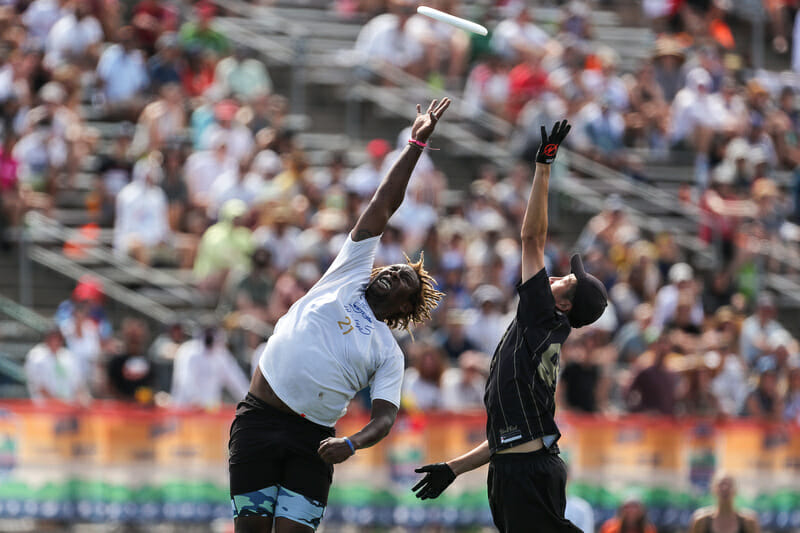 Seattle Mixtape and Vancouver Red Flag clashes for a WUCC title earlier this summer; could they meet with a Nationals bid on the line this weekend? Photo: Paul Rutherford -- UltiPhotos.com