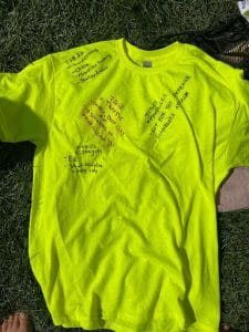 Fury's "acknowledgement" shirt from WUCC 2022 with notes from players 