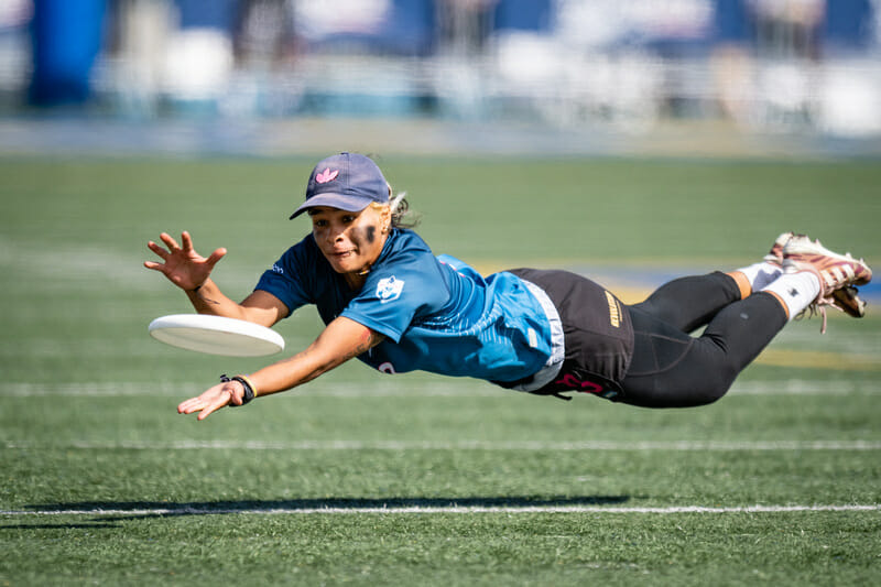 Denver Molly Brown's Valeria Cardenas bids for a disc during the final of the 2022 USA Ultimate National Championships.