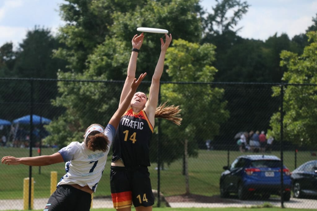 Vancouver Traffic's Sarah Norton skies for a catch against Nemesis at the 2022 Pro Championships. Photo: Hugo Sowder