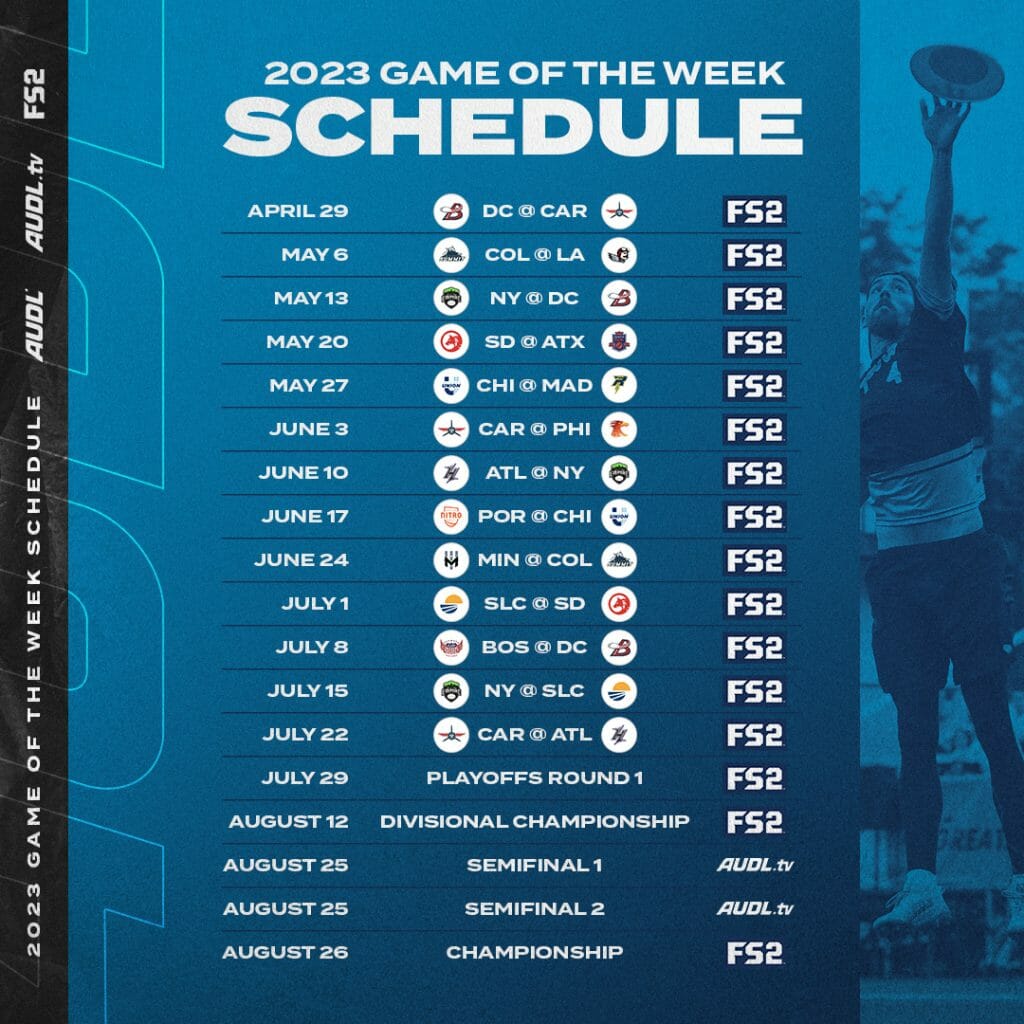 AUDL Announces 2023 Schedule, Game of the Week Broadcasts - Ultiworld