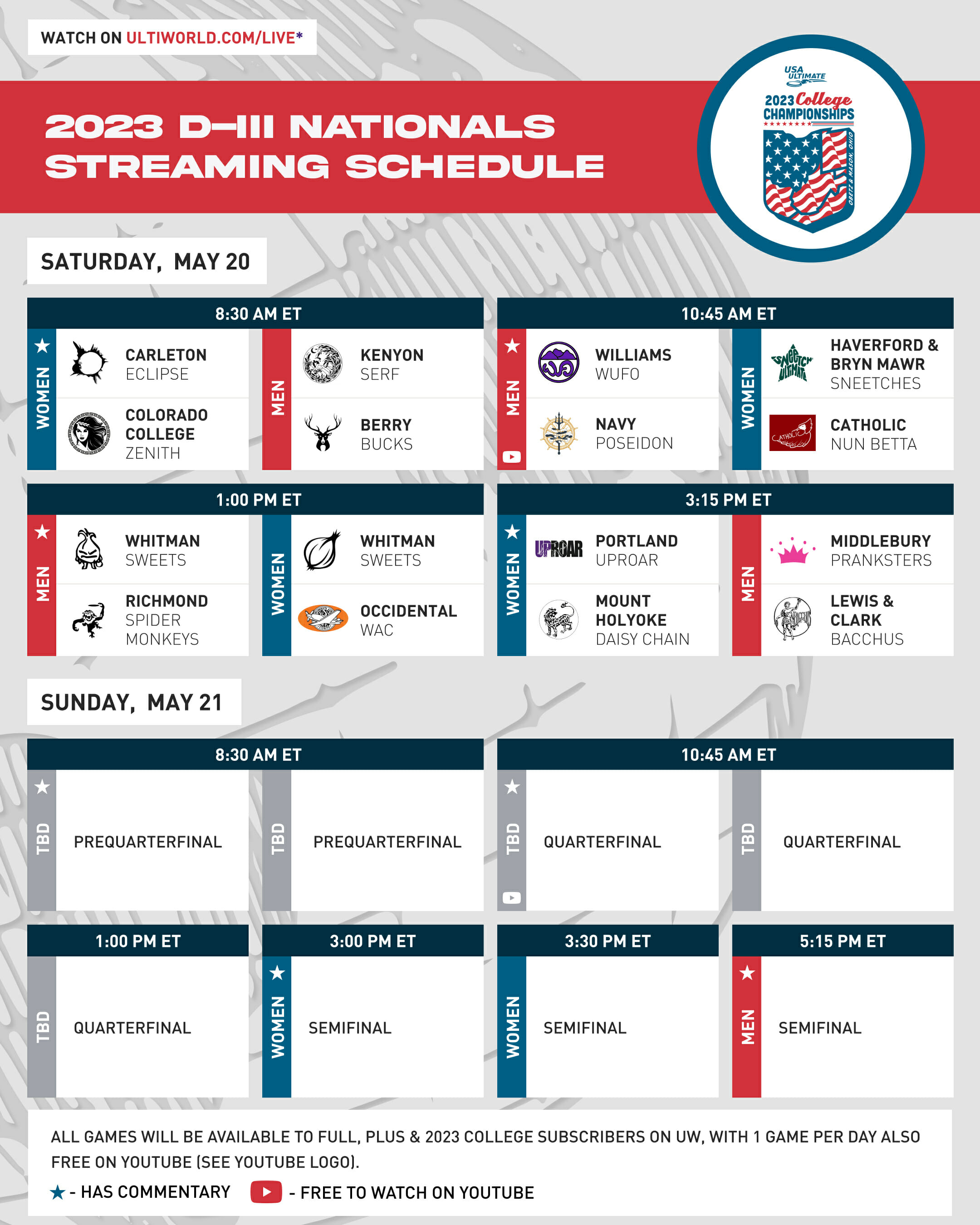 Live Broadcast and Streaming Schedule