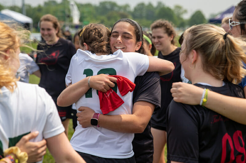 Catholic Nun Betta received Sam's "Best Cheer" superlative at the 2023 D-III College Championships. Photo: Kevin Wayner - UltiPhotos.com