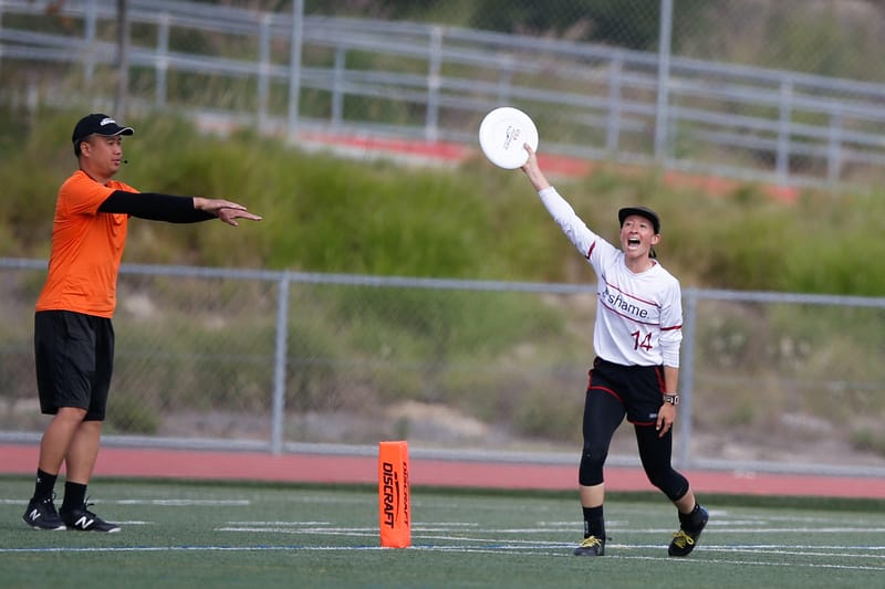 Fort Collins' shame.'s Jade McLaughlin celebrates a goal in the 2023 USA Ultimate frisbee Club Championship mixed division final. Photo: William "Brody" Brotman - UltiPhotos.com
