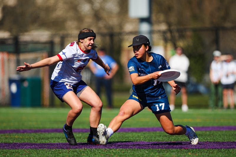 UBC's Madison Ong steps out for a backhand against Carleton in the final of the ultimate frisbee tournament, the 2024 Northwest Challenge. Photo: Emma Ottosen - UltiPhotos.com