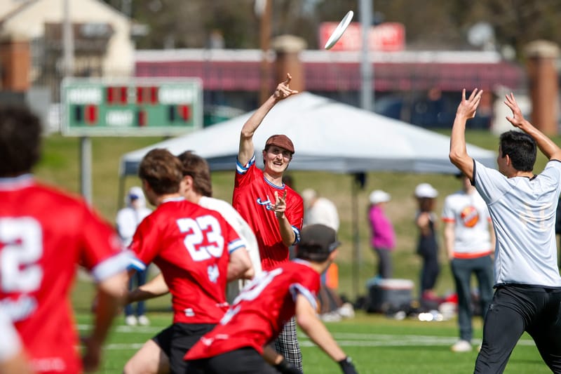 Georgia's Aidan Downey drops a hammer at the 2024 ultimate frisbee tournament, the Smoky Mountain Invite. Photo: William "Brody" Brotman - UltiPhotos.com