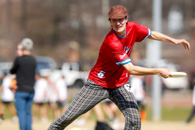 Georgia's Aidan Downey winds up a pull at the 2024 ultimate frisbee tournament, the Smoky Mountain Invite. Photo: William "Brody" Brotman - UltiPhotos.com