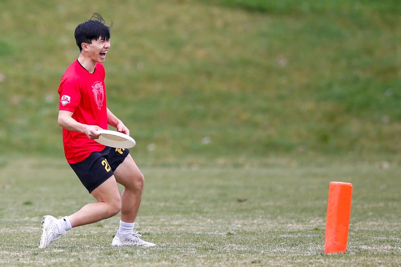 Pittsburgh's Roger Zeng is all smiles in the end zone at the 2024 Smoky Mountain Invite. Photo: William "Brody" Brotman - UltiPhotos.com