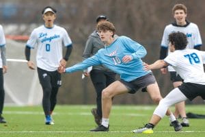 Texas' Xavier Fuzat flicks a forehand at the ultimate frisbee tournament Smoky Mountain Invite 2024. Photo: William "Brody" Brotman - UltiPhotos.com
