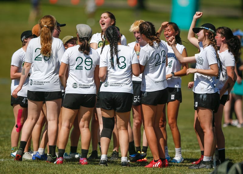 Colorado State Hell's Belles cheer at the 2023 Ultimate Frisbee D-I College Championships. Photo: William "Brody" Brotman - UltiPhotos.com