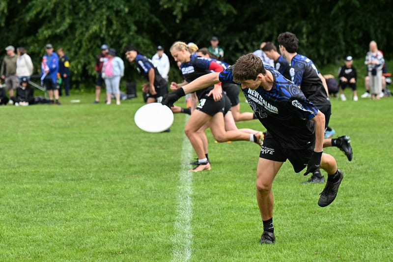 New Zealand's U24 National mixed division team at the 2023 U24 World Flying Disc Federation ultimate frisbee World Championships.