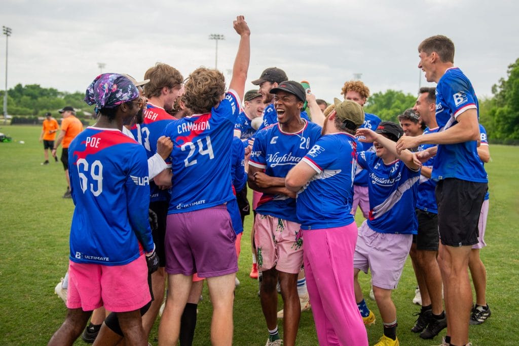 Alabama-Huntsville celebrates qualifying for the 2024 D-I Men's Ultimate Frisbee College Championships. Photo: Gino Mattace