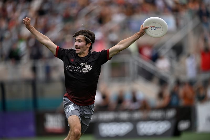 Brown's Oscar Low celebrates a goal en route to winning the final of the 2024 D-I men's ultimate frisbee College Championships. Photo: Brian Canniff - UltiPhotos.com