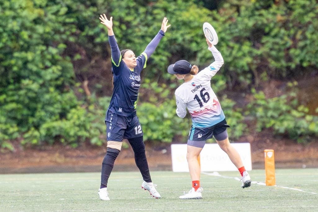 Colorado Alpenglow's Abby Thorpe winds up a hammer against Seattle Tempest during the 2024 Western Ultimate frisbee League regular season. 