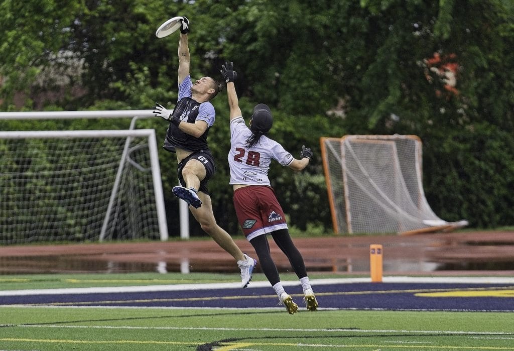 Minnesota Wind Chill's Brandon Matis goes up for a catch in their Ultimate Frisbee Association 2024 regular season win over Colorado. Photo: Trent Erickson