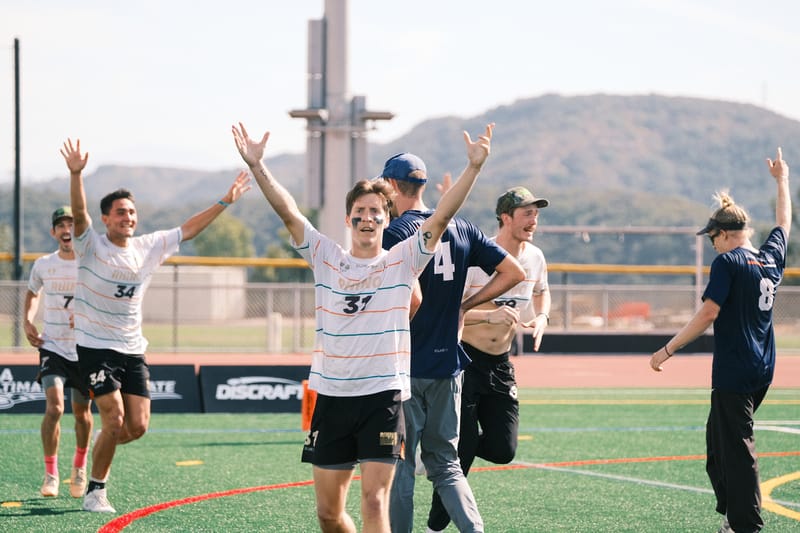 Rhino Slam!'s Dylan Freechild celebrates during the final of the 2024 USA Ultimate Club Ultimate Frisbee Championships. Photo: Marshall Lian - UltiPhotos.com