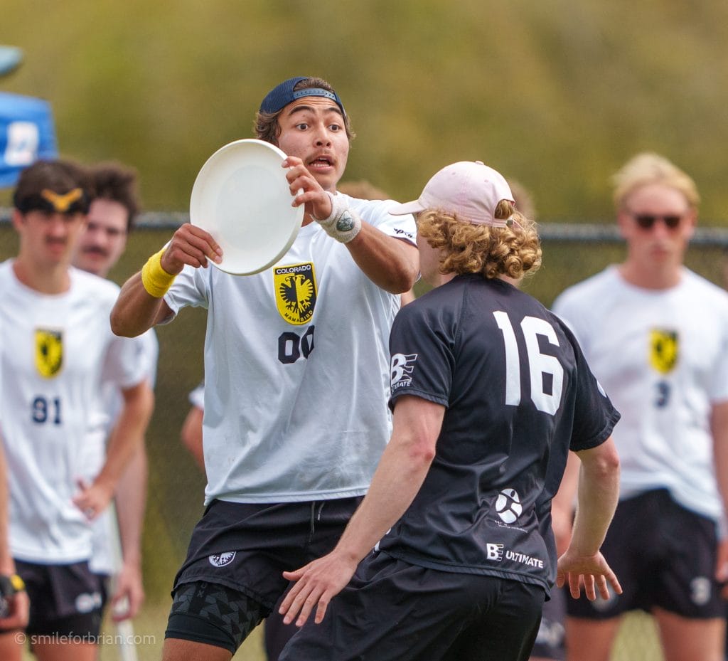 Colorado's Tobias Brooks looks for a receiver at the college ultimate frisbee tournament, Easterns 2025. Photo: Brian Whittier